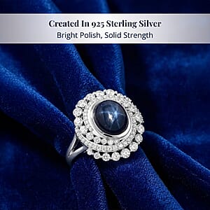 D'Joy Blue Star Sapphire (DF) and Moissanite 7.65 ctw Midnight Galaxy Ring in Rhodium Over Sterling Silver (Size 6.0)
