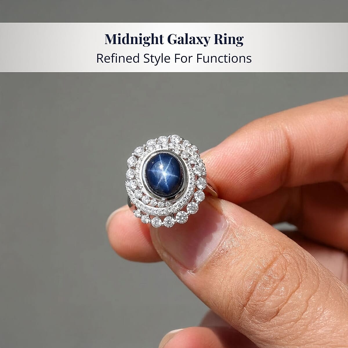 D'Joy Blue Star Sapphire (DF) and Moissanite 7.65 ctw Midnight Galaxy Ring in Rhodium Over Sterling Silver (Size 6.0) image number 4