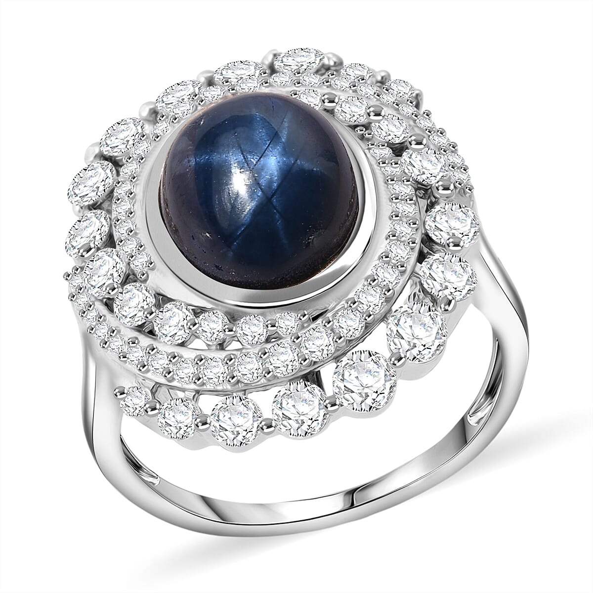 D'Joy Blue Star Sapphire (DF) and Moissanite 7.65 ctw Midnight Galaxy Ring in Rhodium Over Sterling Silver (Size 7.0) image number 0
