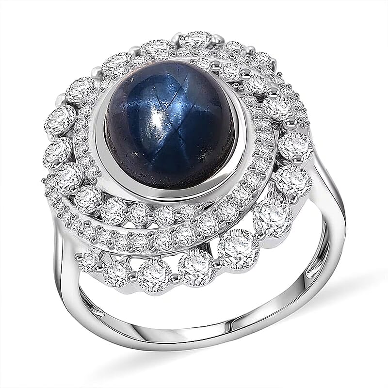 D'Joy Blue Star Sapphire (DF) and Moissanite 7.65 ctw Midnight Galaxy Ring in Rhodium Over Sterling Silver (Size 7.0)