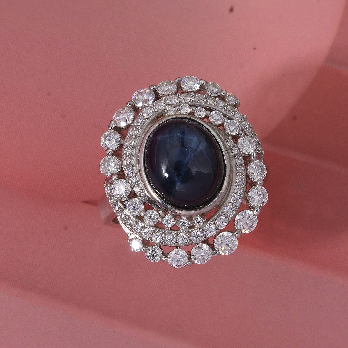 D'Joy Blue Star Sapphire (DF) and Moissanite 7.65 ctw Midnight Galaxy Ring in Rhodium Over Sterling Silver (Size 7.0) image number 1