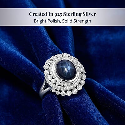 D'Joy Blue Star Sapphire (DF) and Moissanite 7.65 ctw Midnight Galaxy Ring in Rhodium Over Sterling Silver (Size 7.0)