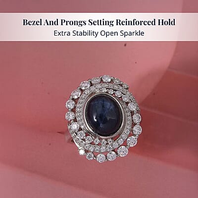 D'Joy Blue Star Sapphire (DF) and Moissanite 7.65 ctw Midnight Galaxy Ring in Rhodium Over Sterling Silver (Size 7.0)