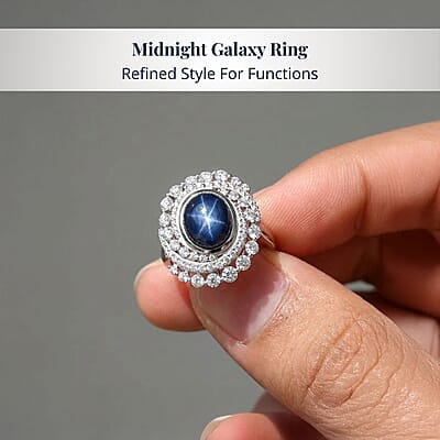 D'Joy Blue Star Sapphire (DF) and Moissanite 7.65 ctw Midnight Galaxy Ring in Rhodium Over Sterling Silver (Size 7.0)