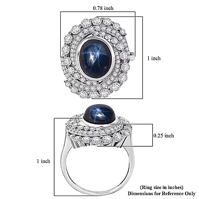 D'Joy Blue Star Sapphire (DF) and Moissanite 7.65 ctw Midnight Galaxy Ring in Rhodium Over Sterling Silver (Size 9.0)