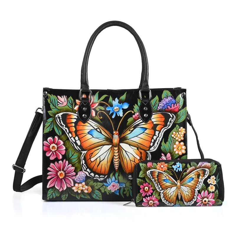 La Marey Black Monarch Butterfly Floral Handpainted Genuine Leather Tote Bag with Wallet Set Handbag
