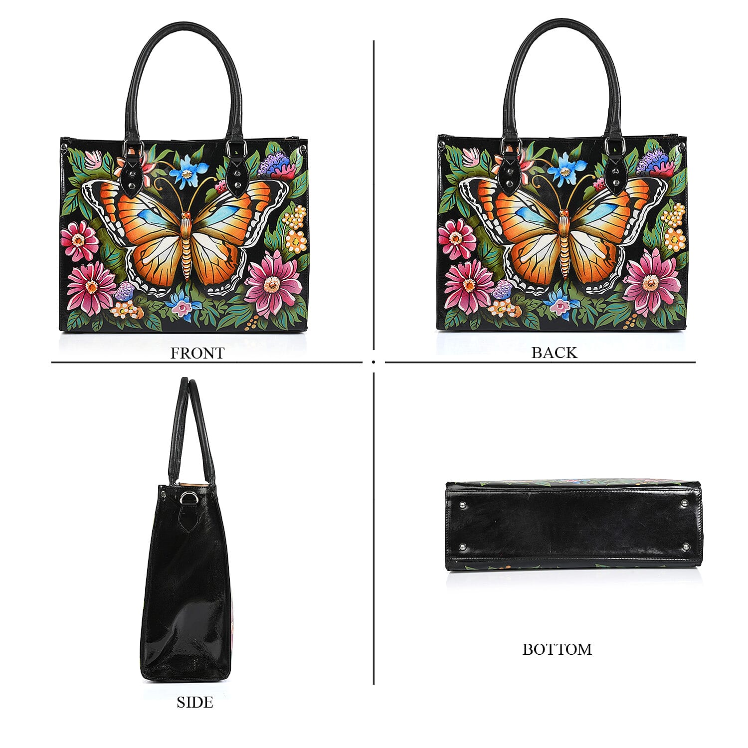 La Marey Black Monarch Butterfly Floral Handpainted Genuine Leather Tote Bag with Wallet Set Handbag