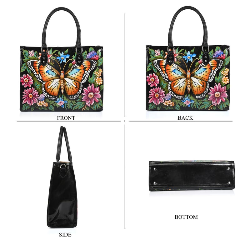 La Marey Black Monarch Butterfly Floral Handpainted Genuine Leather Tote Bag with Wallet Set Handbag