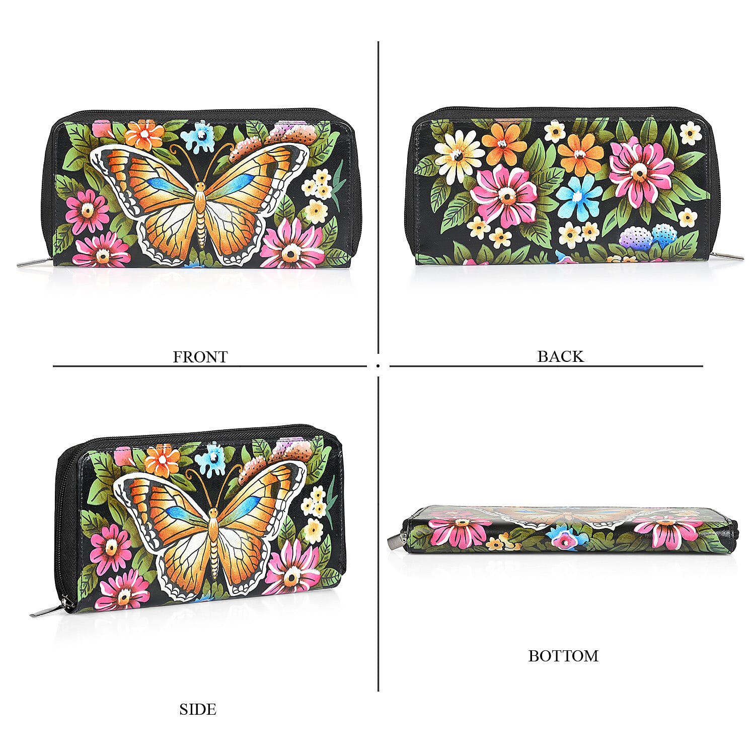 La Marey Black Monarch Butterfly Floral Handpainted Genuine Leather Tote Bag with Wallet Set Handbag
