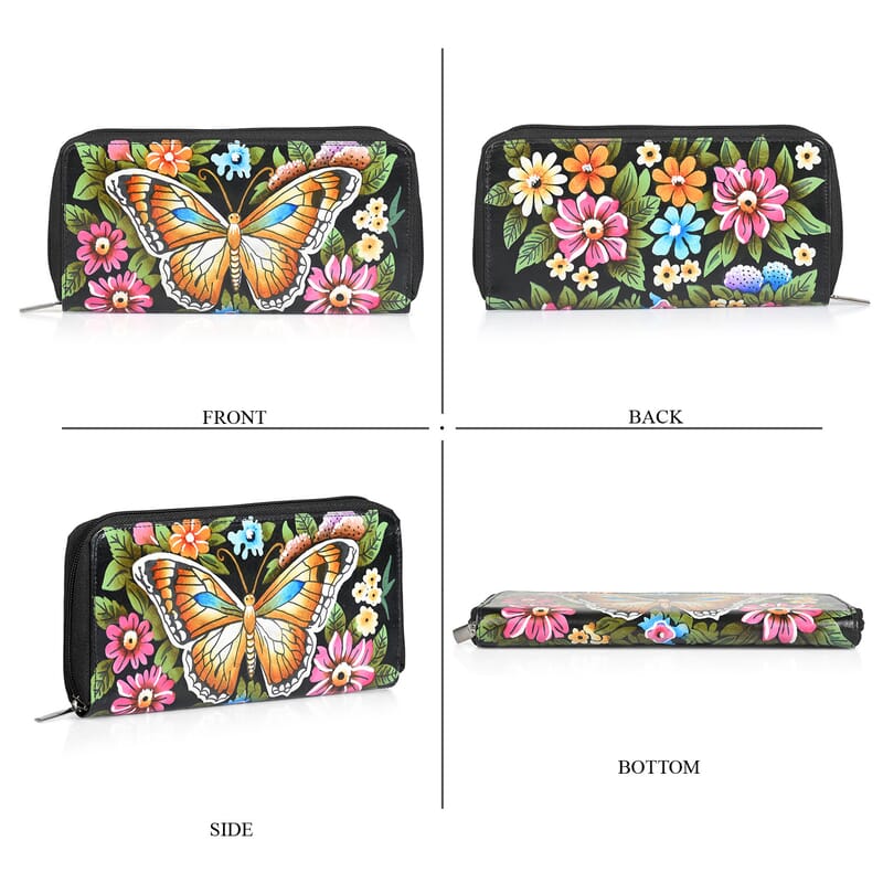 La Marey Black Monarch Butterfly Floral Handpainted Genuine Leather Tote Bag with Wallet Set Handbag
