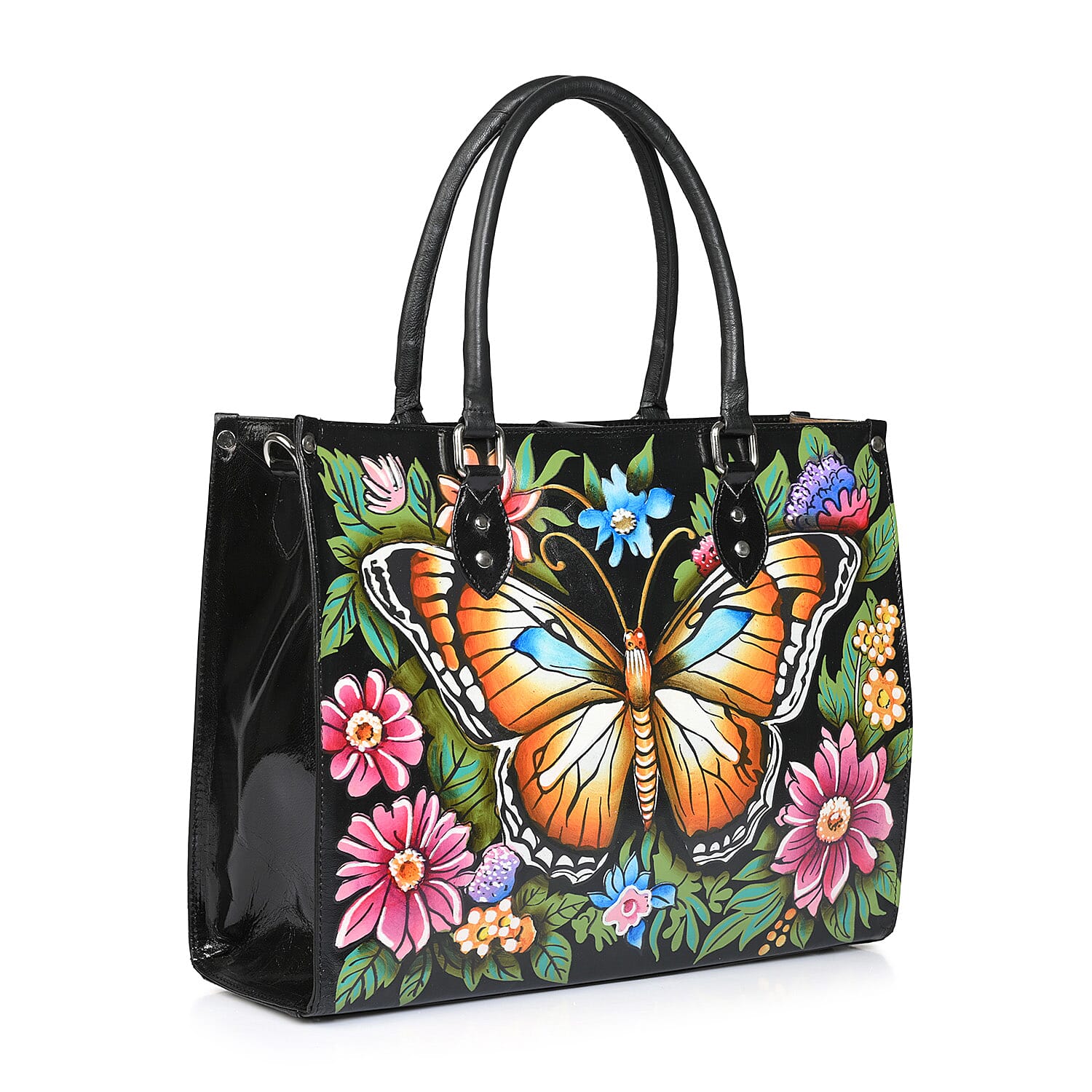 La Marey Black Monarch Butterfly Floral Handpainted Genuine Leather Tote Bag with Wallet Set Handbag