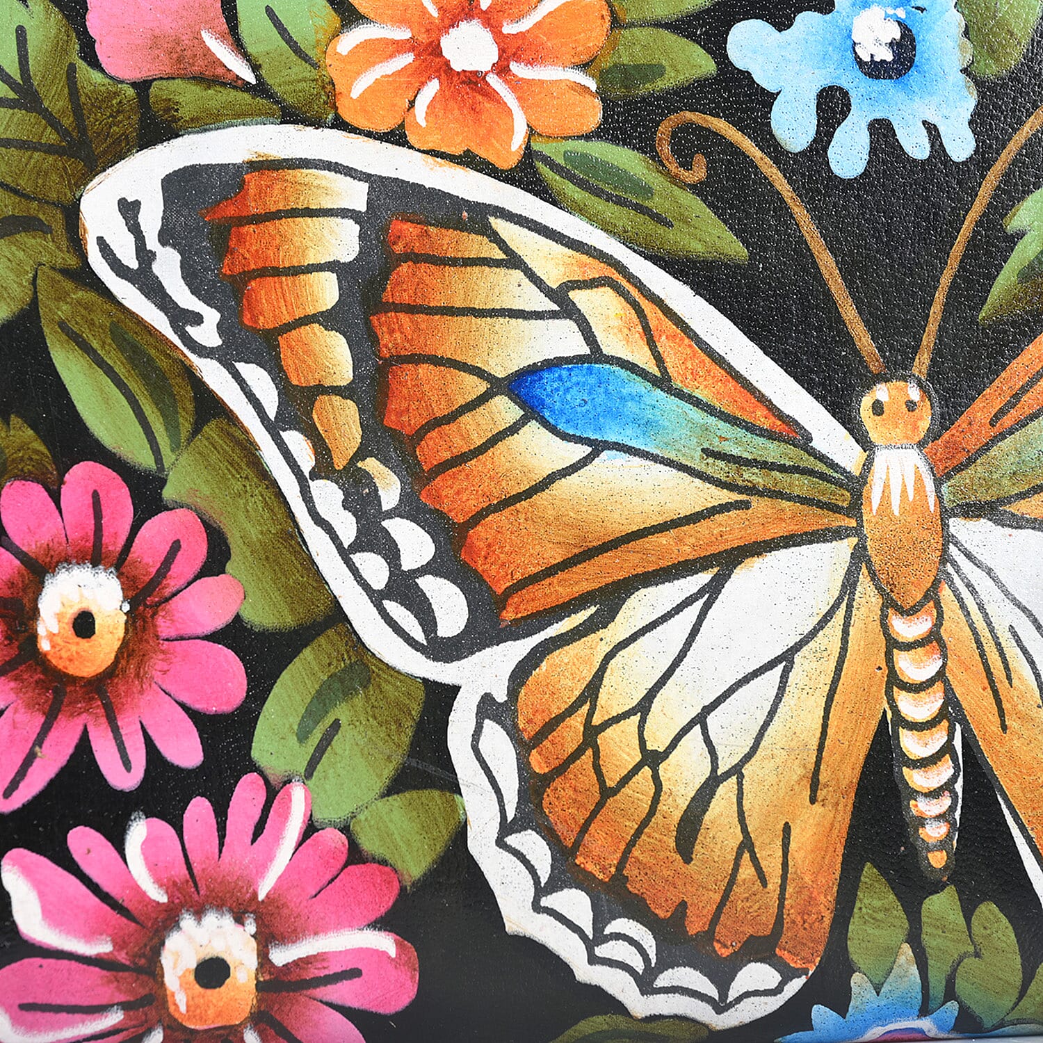 La Marey Black Monarch Butterfly Floral Handpainted Genuine Leather Tote Bag with Wallet Set Handbag