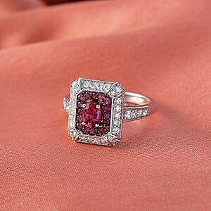 D'Joy Ouro Fino Rubellite and Moissanite 1.40 ctw Geometric Harmony Ring in Rhodium Over Sterling Silver (Size 10.0)