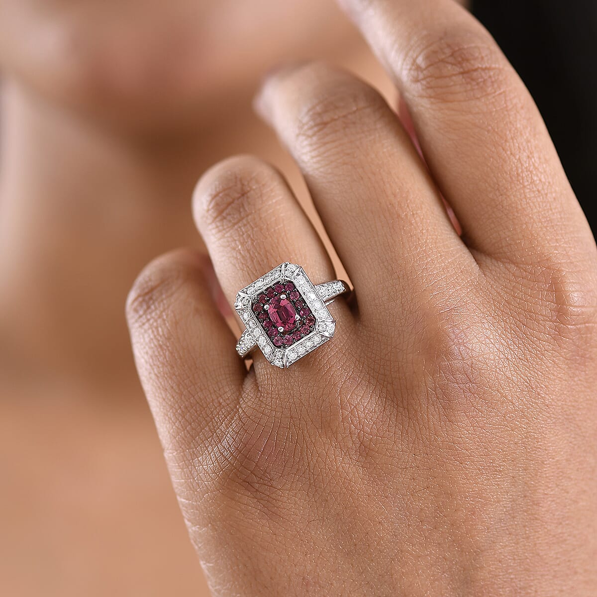 D'Joy Ouro Fino Rubellite and Moissanite 1.40 ctw Geometric Harmony Ring in Rhodium Over Sterling Silver (Size 10.0) image number 2