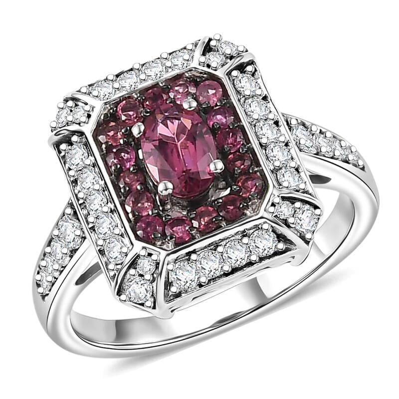 D'Joy Ouro Fino Rubellite and Moissanite 1.40 ctw Geometric Harmony Ring in Rhodium Over Sterling Silver (Size 5.0)