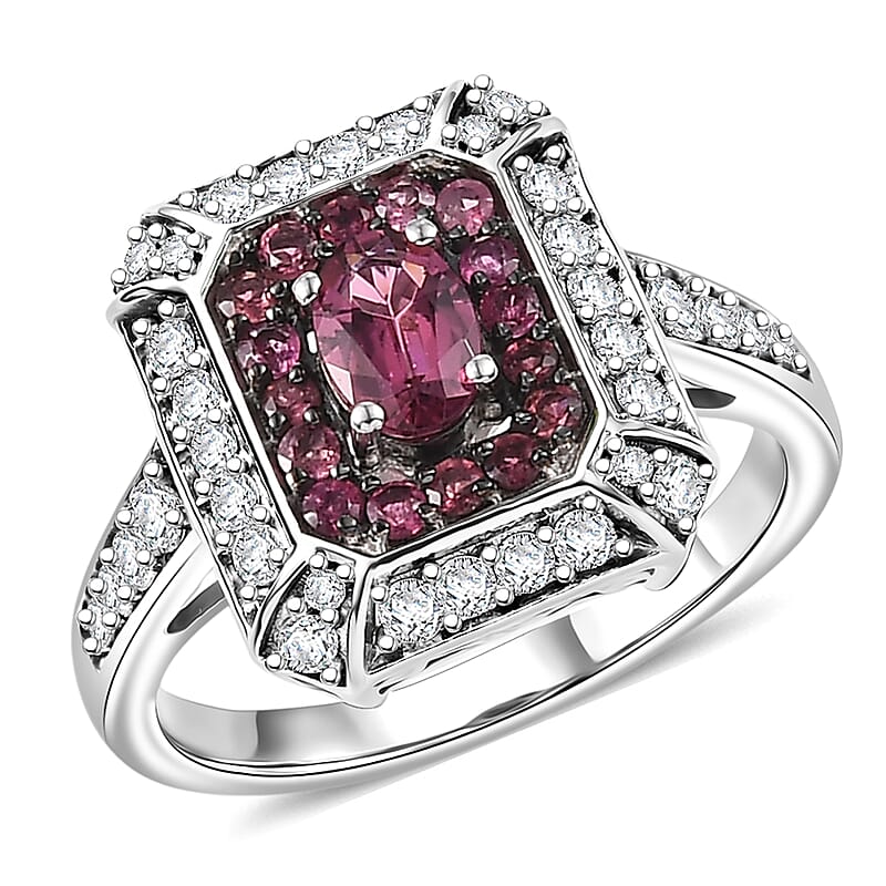 D'Joy Ouro Fino Rubellite and Moissanite 1.40 ctw Geometric Harmony Ring in Rhodium Over Sterling Silver (Size 5.0)