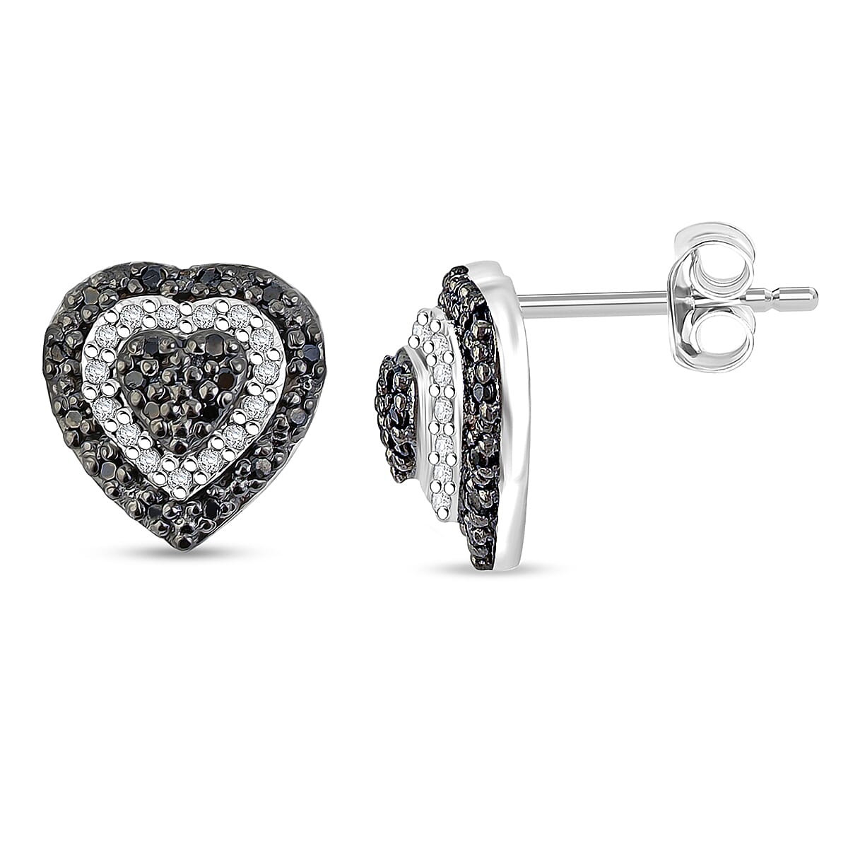 Black and White Diamond 0.33 ctw Heart Stud Earrings in Rhodium Over Sterling Silver