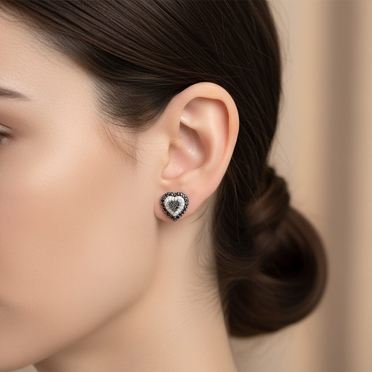 Black and White Diamond 0.33 ctw Heart Stud Earrings in Rhodium Over Sterling Silver image number 2