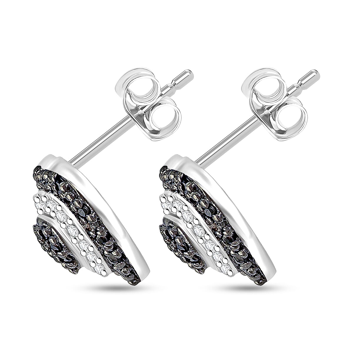 Black and White Diamond 0.33 ctw Heart Stud Earrings in Rhodium Over Sterling Silver image number 3