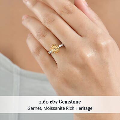 D'Joy Premium Imperial Garnet, Moissanite Ring in 18K Vermeil YG Over Sterling Silver 2.60 ctw (Size 10.0)