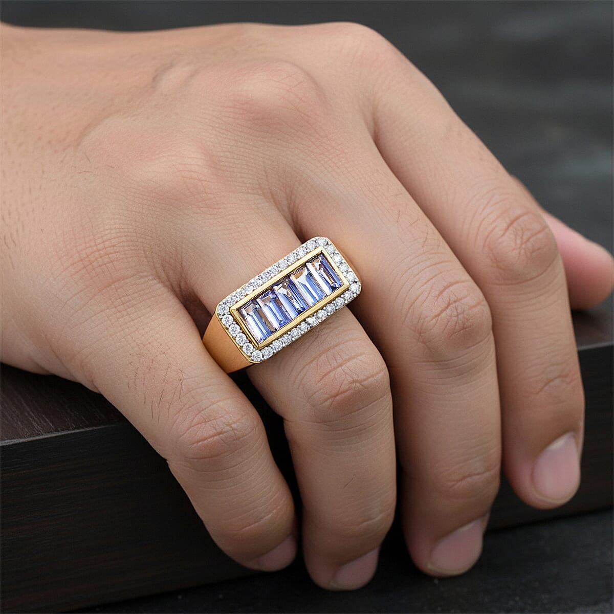 Doorbuster D'Joy Premium Tanzanite and Moissanite 2.25 ctw Victory Frame Men's Ring in 18K Vermeil Yellow Gold Over Sterling Silver (Size 12.0) image number 2