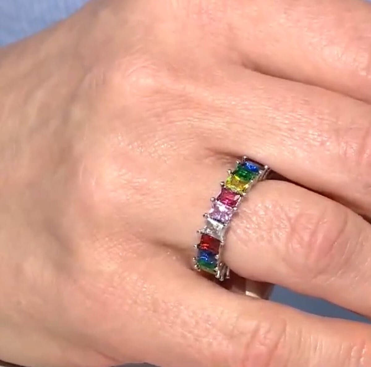 Simulated Multi Color Diamond Eternity Band Ring in Silvertone (Size 9.0) image number 3