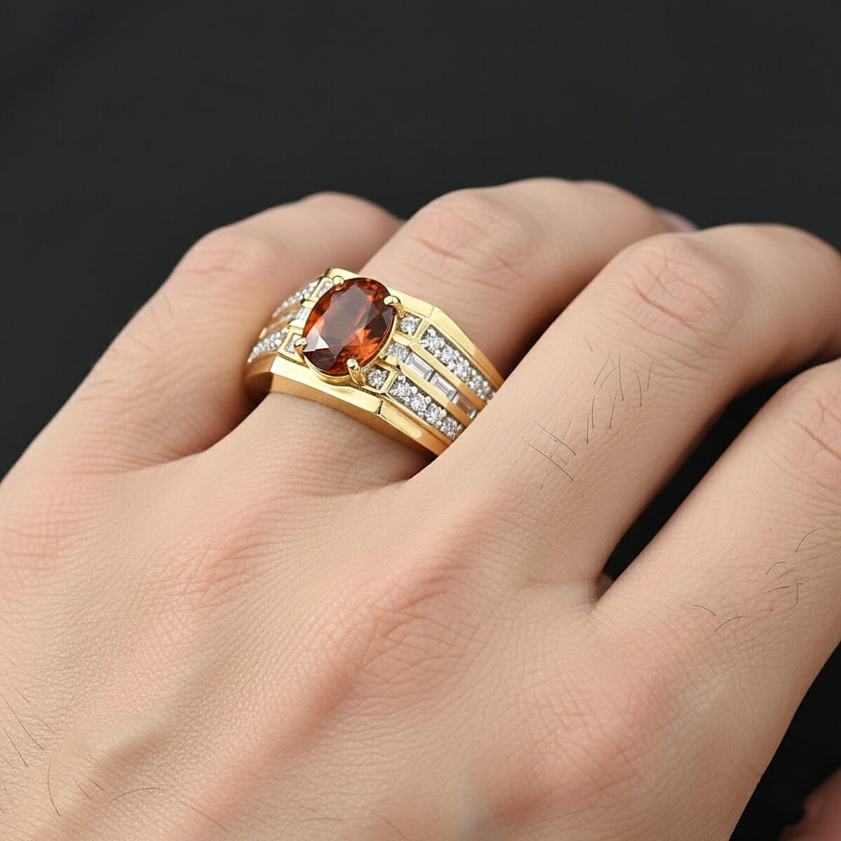 D'Joy AAA Ceylon Honey Garnet, Moissanite Men's Ring in 18K Vermeil YG Over Sterling Silver 2.90 ctw (Size 11.0) image number 2