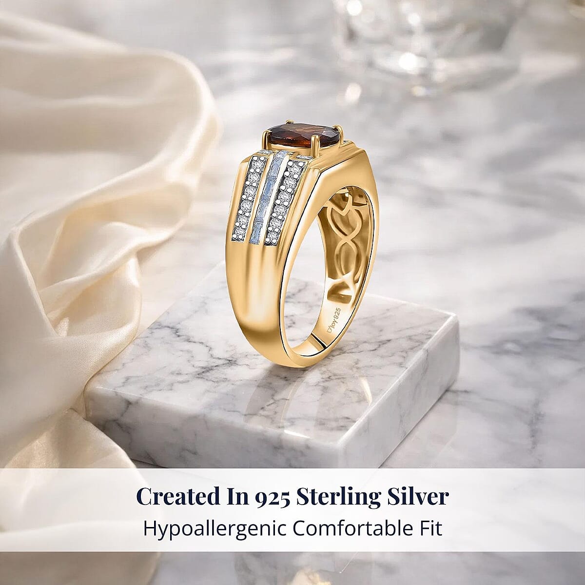 D'Joy AAA Ceylon Honey Garnet, Moissanite Men's Ring in 18K Vermeil YG Over Sterling Silver 2.90 ctw (Size 13.0) image number 2