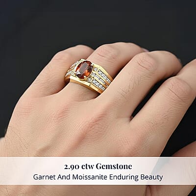 D'Joy AAA Ceylon Honey Garnet, Moissanite Men's Ring in 18K Vermeil YG Over Sterling Silver 2.90 ctw (Size 14.0)