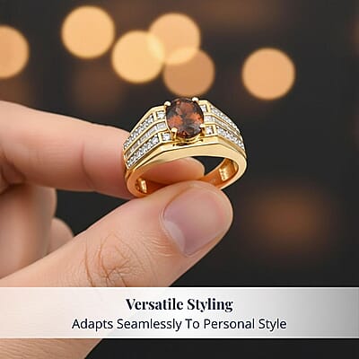 D'Joy AAA Ceylon Honey Garnet, Moissanite Men's Ring in 18K Vermeil YG Over Sterling Silver 2.90 ctw (Size 14.0)