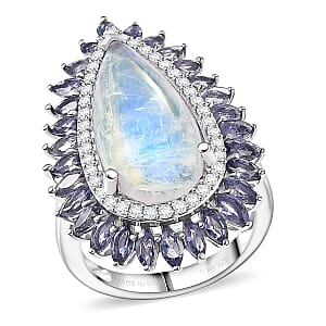 D'Joy Premium Rainbow Moonstone and Multi Gemstone 9.00 ctw Moonshadow Empress Ring in Rhodium Over Sterling Silver (Size 10.0)