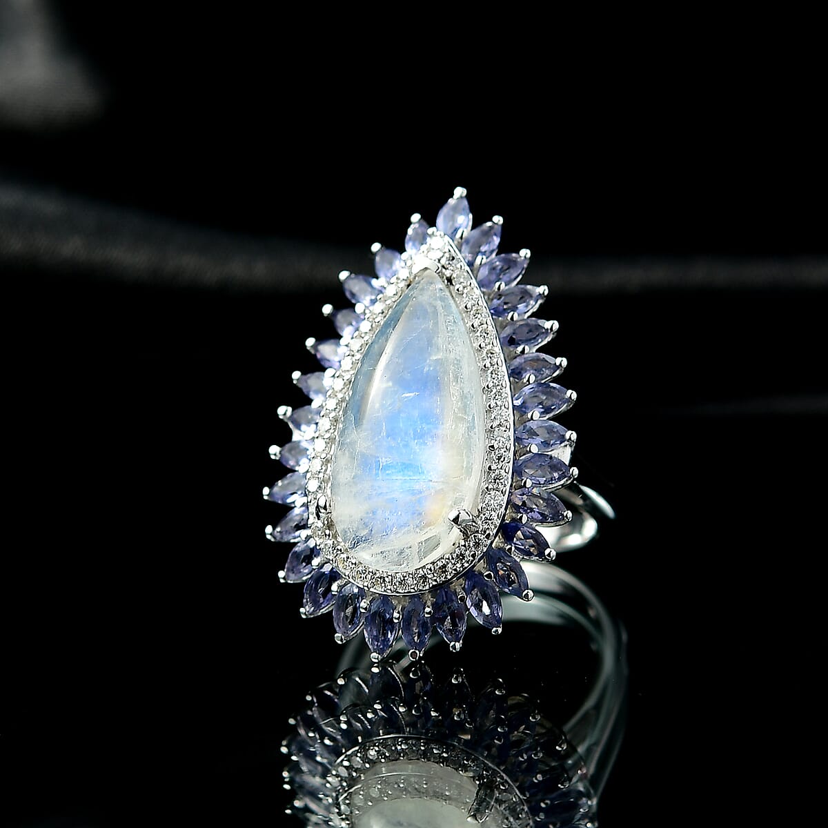 D'Joy Premium Rainbow Moonstone and Multi Gemstone 9.00 ctw Moonshadow Empress Ring in Rhodium Over Sterling Silver (Size 10.0) image number 1