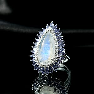 D'Joy Premium Rainbow Moonstone, Multi Gemstone Ring in Rhodium Over Sterling Silver 9.00 ctw (Size 10.0)