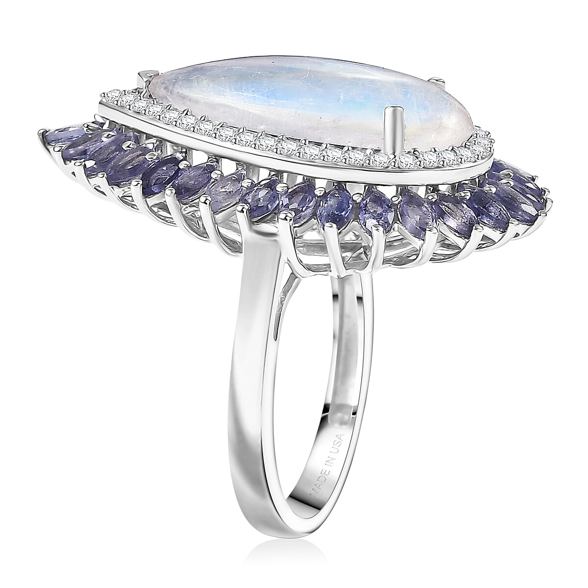 D'Joy Premium Rainbow Moonstone and Multi Gemstone 9.00 ctw Moonshadow Empress Ring in Rhodium Over Sterling Silver (Size 10.0) image number 3