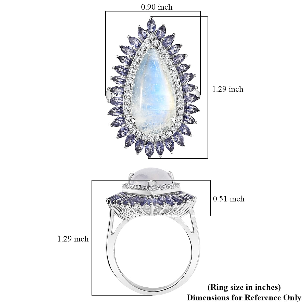 D'Joy Premium Rainbow Moonstone and Multi Gemstone 9.00 ctw Moonshadow Empress Ring in Rhodium Over Sterling Silver (Size 10.0) image number 5