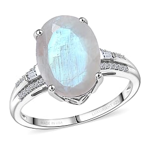 Premium Rainbow Moonstone and Luxuriant Lab Grown Diamond G-H SI 6.30 ctw Prism Glow Ring in Rhodium Over Sterling Silver (Size 10.0) (Del. in 8-10 Days)