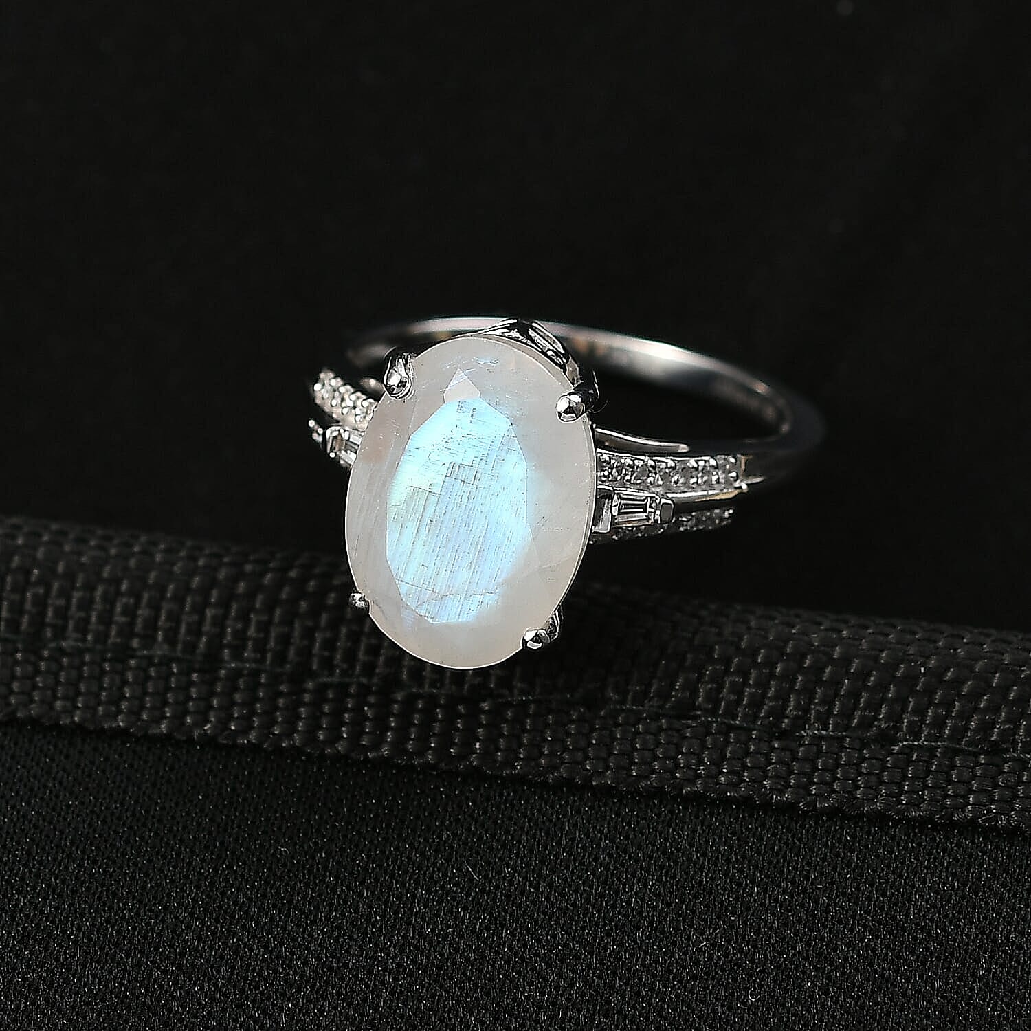 Premium Rainbow Moonstone, Lab Grown Diamond Ring in Rhodium Over Sterling Silver 6.30 ctw (Size 10.0)