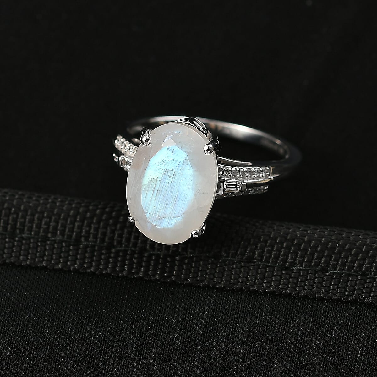 Premium Rainbow Moonstone and Luxuriant Lab Grown Diamond G-H SI 6.30 ctw Prism Glow Ring in Rhodium Over Sterling Silver (Size 10.0) image number 1