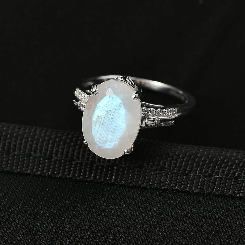 Premium Rainbow Moonstone, Lab Grown Diamond Ring in Rhodium Over Sterling Silver 6.30 ctw (Size 10.0)