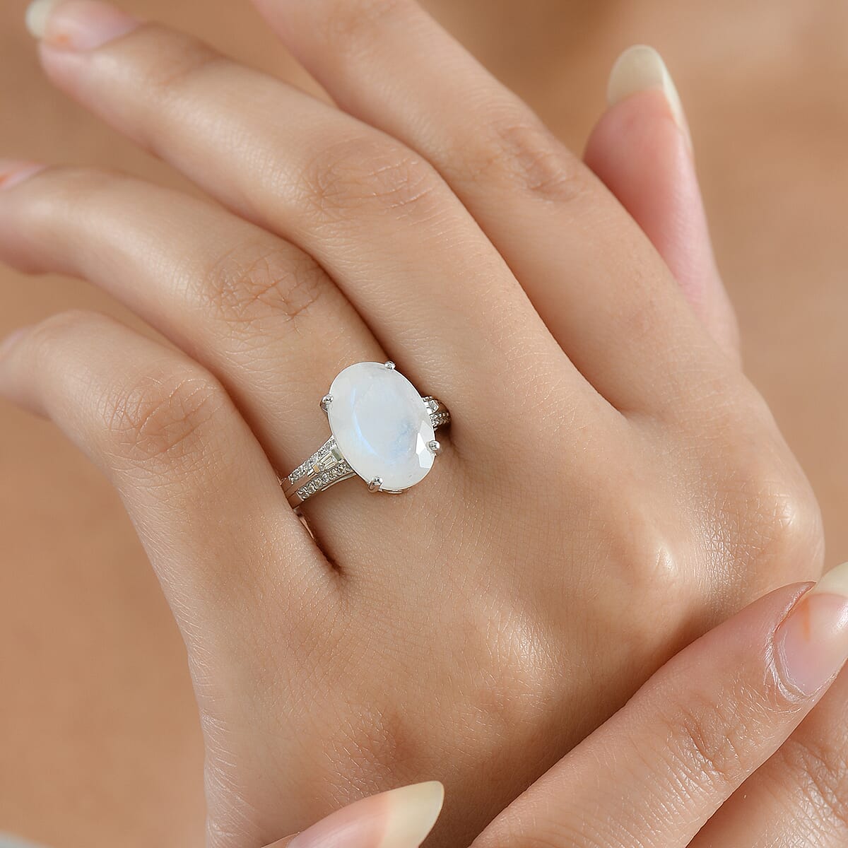 Premium Rainbow Moonstone and Luxuriant Lab Grown Diamond G-H SI 6.30 ctw Prism Glow Ring in Rhodium Over Sterling Silver (Size 10.0) image number 2