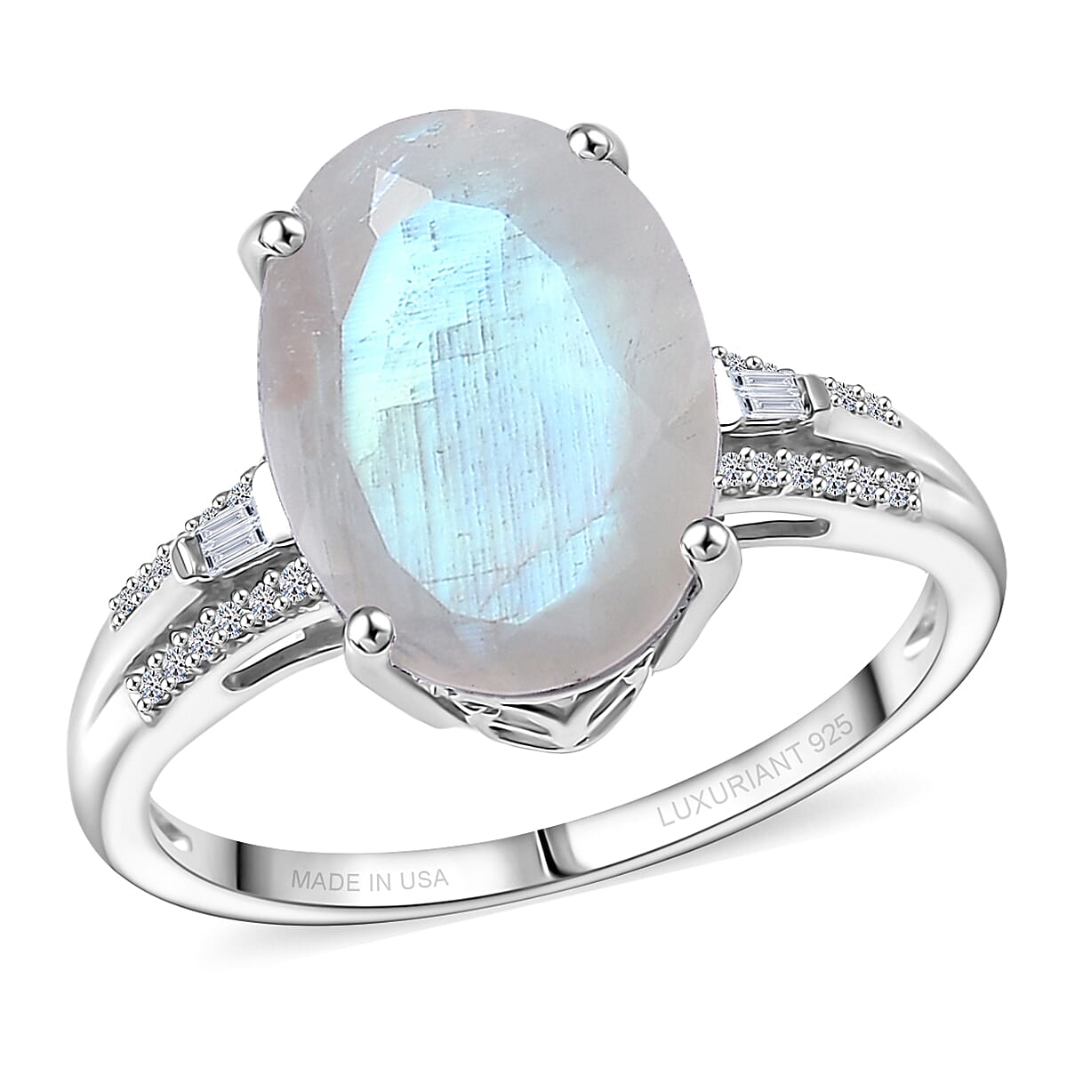 Premium Rainbow Moonstone and Luxuriant Lab Grown Diamond G-H SI 6.30 ctw Ring in Rhodium Over Sterling Silver (Size 10.0)