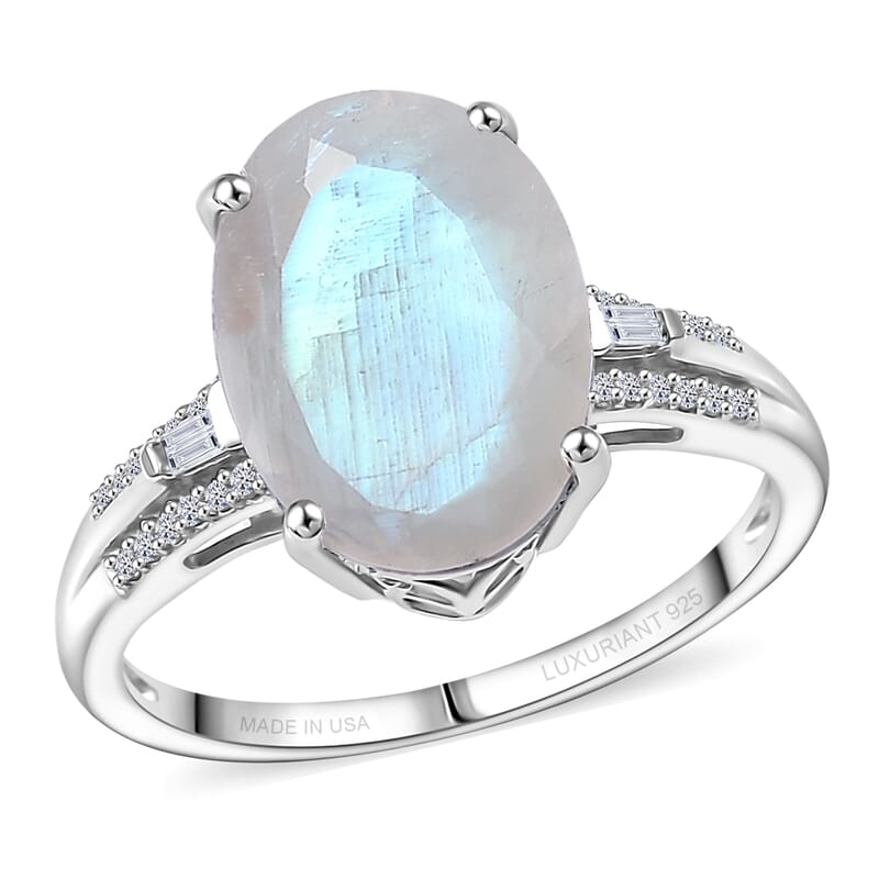 Premium Rainbow Moonstone, Lab Grown Diamond Ring in Rhodium Over Sterling Silver 6.30 ctw (Size 8.0)