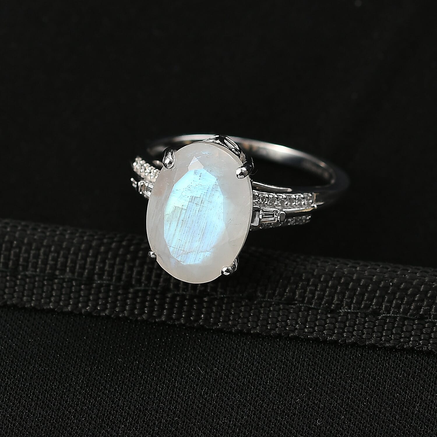 Premium Rainbow Moonstone, Lab Grown Diamond Ring in Rhodium Over Sterling Silver 6.30 ctw (Size 8.0)