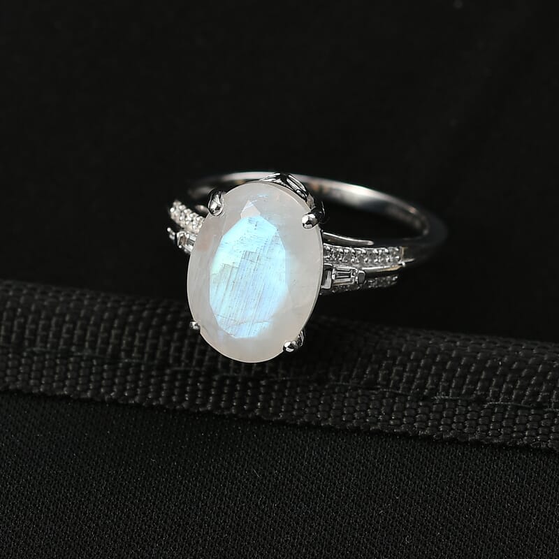 Premium Rainbow Moonstone, Lab Grown Diamond Ring in Rhodium Over Sterling Silver 6.30 ctw (Size 8.0)