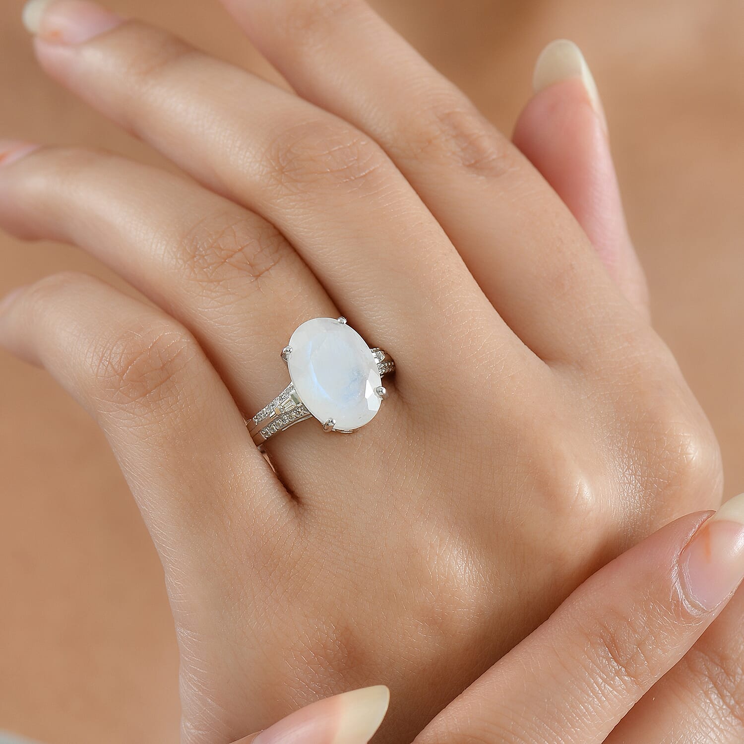Premium Rainbow Moonstone, Lab Grown Diamond Ring in Rhodium Over Sterling Silver 6.30 ctw (Size 8.0)