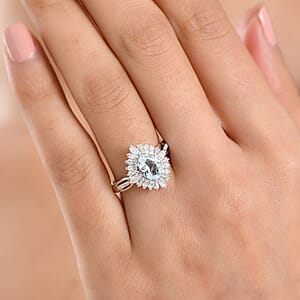 D'Joy Premium Santamaria Aquamarine, Moissanite Ring in Rhodium Over Sterling Silver (Size 7.0) 2.00 ctw