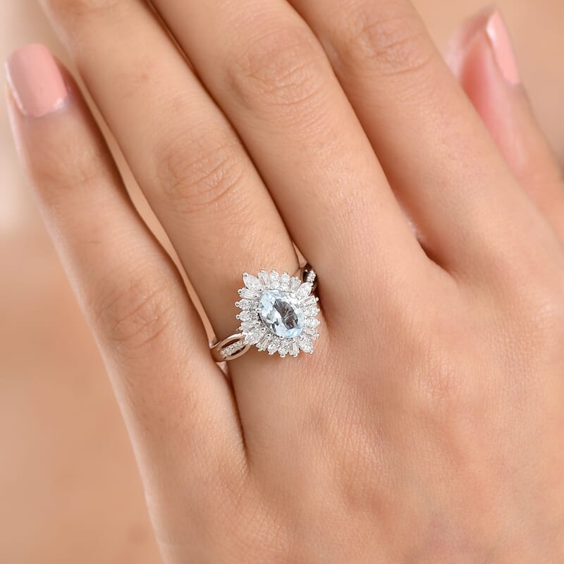 D'Joy Premium Santamaria Aquamarine and Moissanite 2.00 ctw Radiant Bloom Floral Ring in Rhodium Over Sterling Silver (Size 10.0)