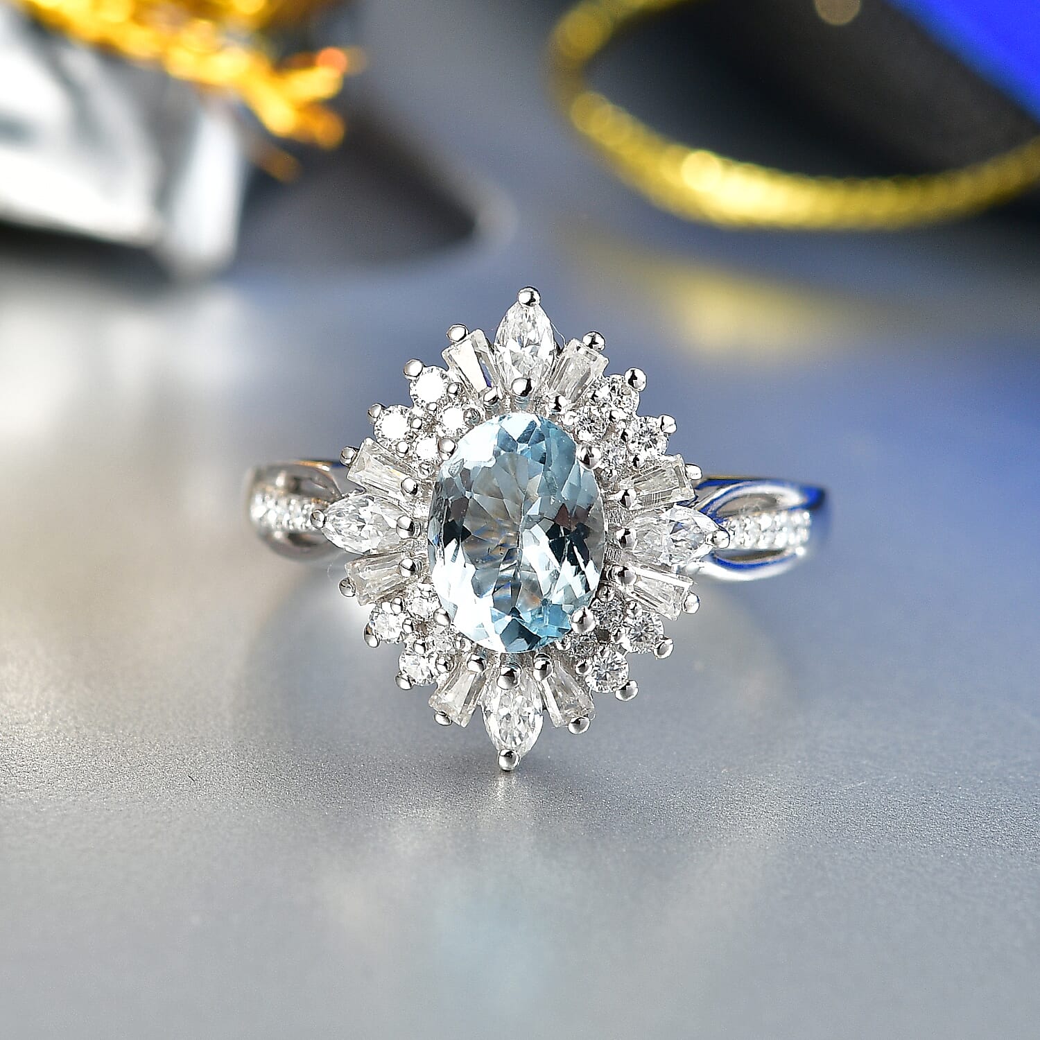 D'Joy Premium Santamaria Aquamarine and Moissanite 2.00 ctw Radiant Bloom Floral Ring in Rhodium Over Sterling Silver (Size 6.0)