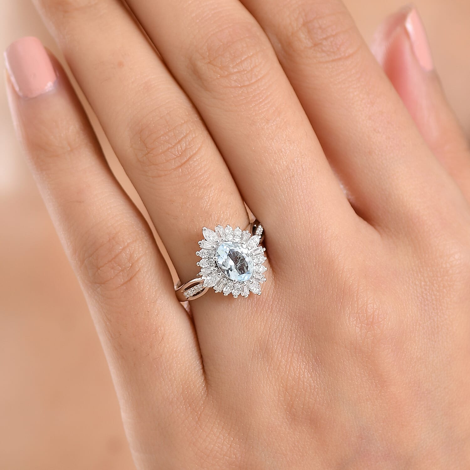 D'Joy Premium Santamaria Aquamarine and Moissanite 2.00 ctw Radiant Bloom Floral Ring in Rhodium Over Sterling Silver (Size 6.0)