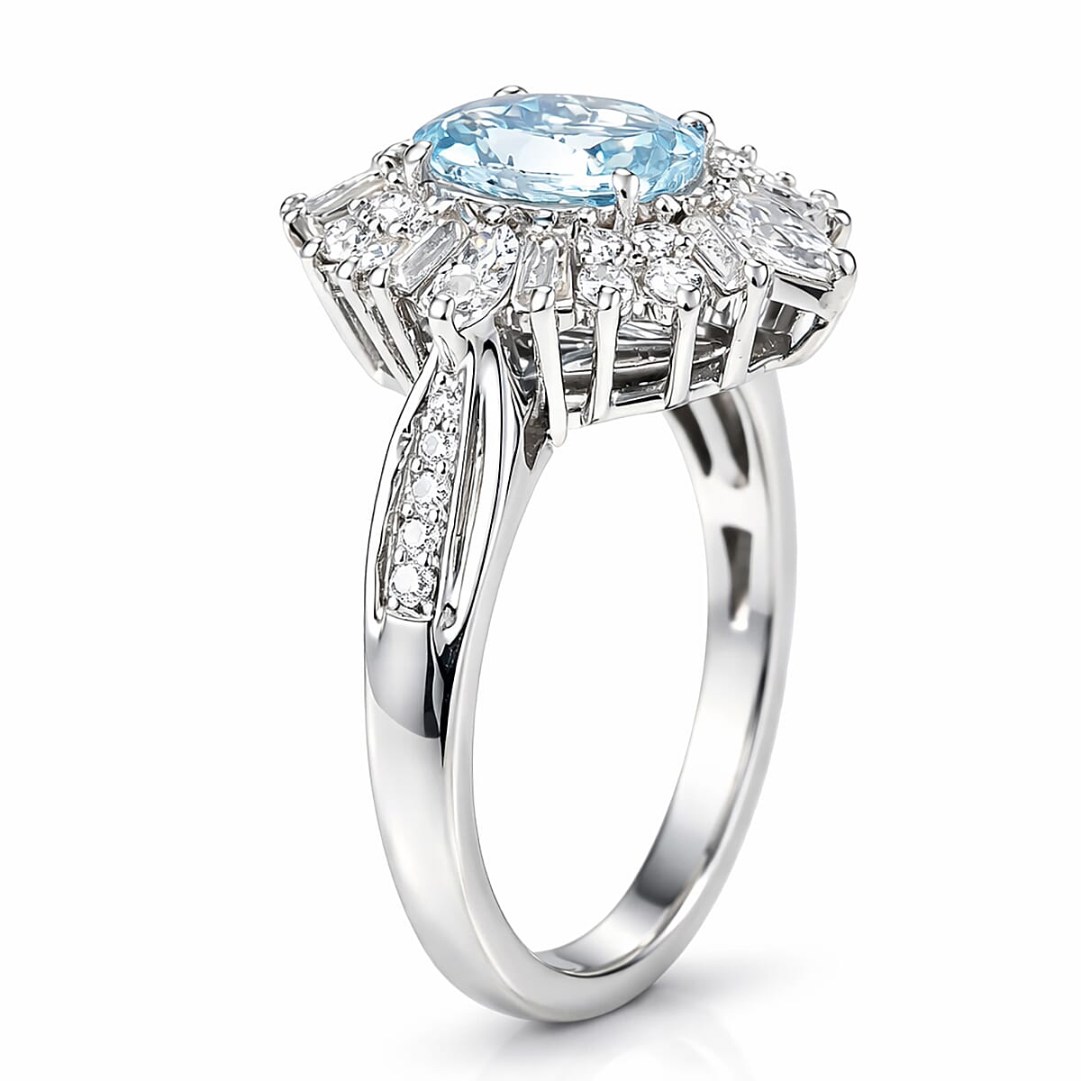 D'Joy Premium Santamaria Aquamarine and Moissanite 2.00 ctw Radiant Bloom Floral Ring in Rhodium Over Sterling Silver (Size 6.0)
